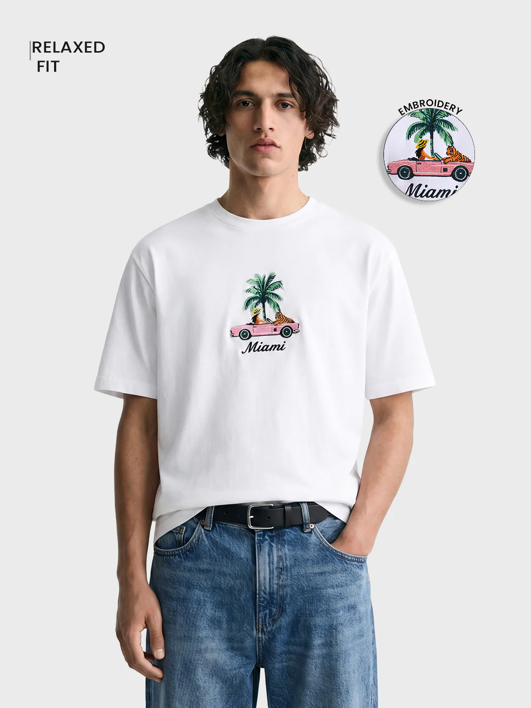 Men's White Relaxed Fit Embroidered Casual T-Shirt - Image 2