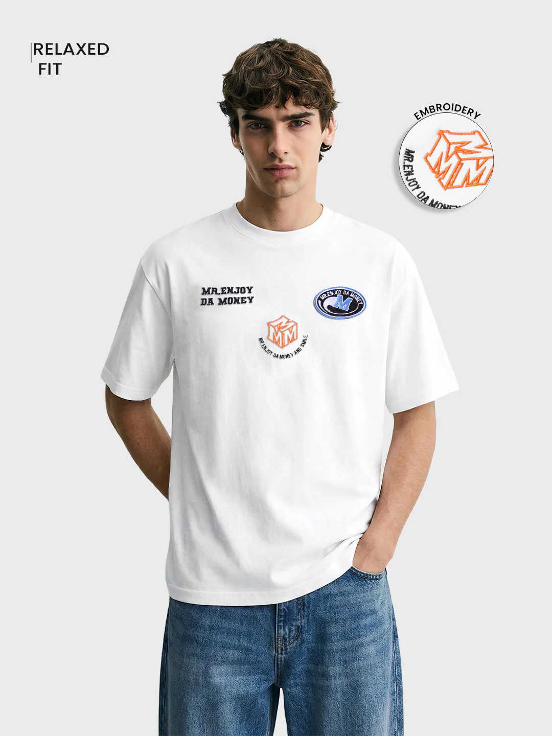 Men's White Relaxed Fit Embroidered Casual T-Shirt - Image 2