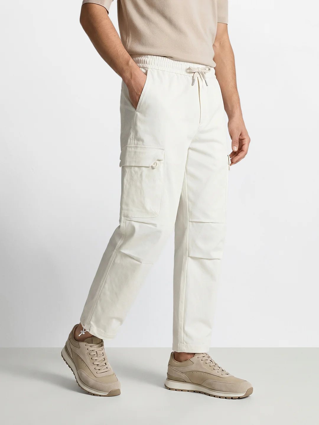 Men's White Relaxed Fit Solid Utility Cargo - Image 3