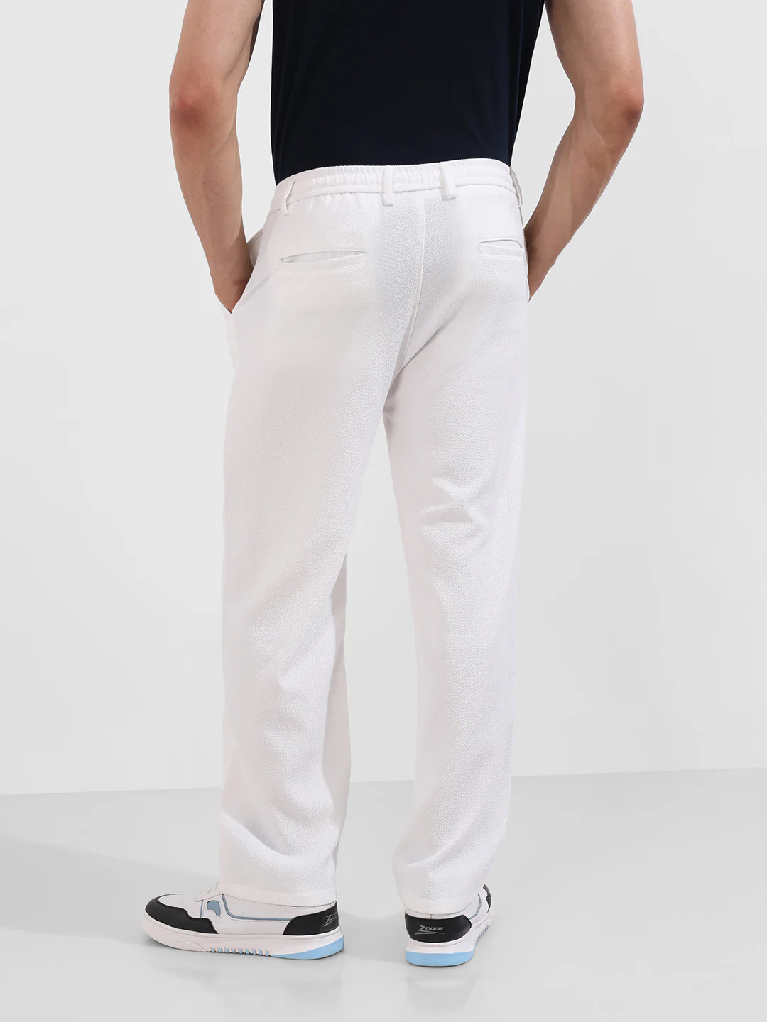 Men's White Relaxed Fit Textured Casual Trousers - Image 5
