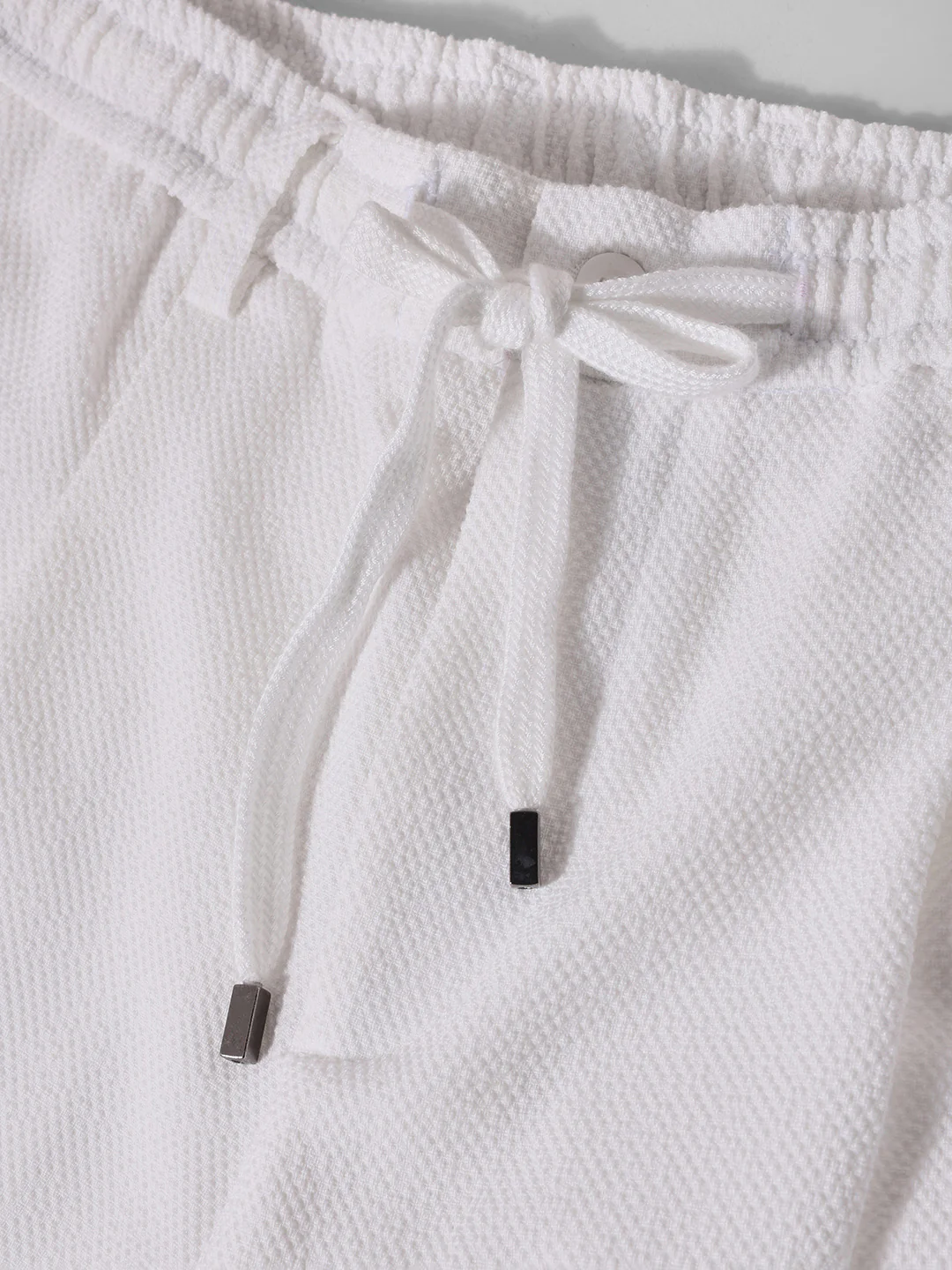 Men's White Relaxed Fit Textured Casual Trousers - Image 6