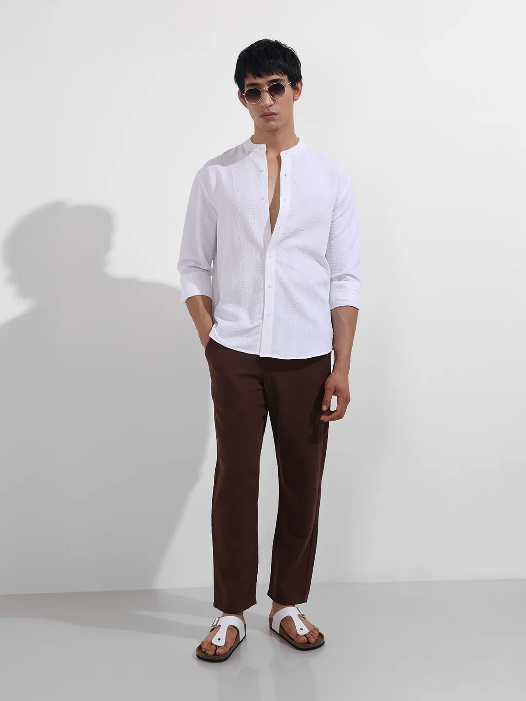 Men's White Relaxed Fit Textured Resort Wear Shirt - Image 2