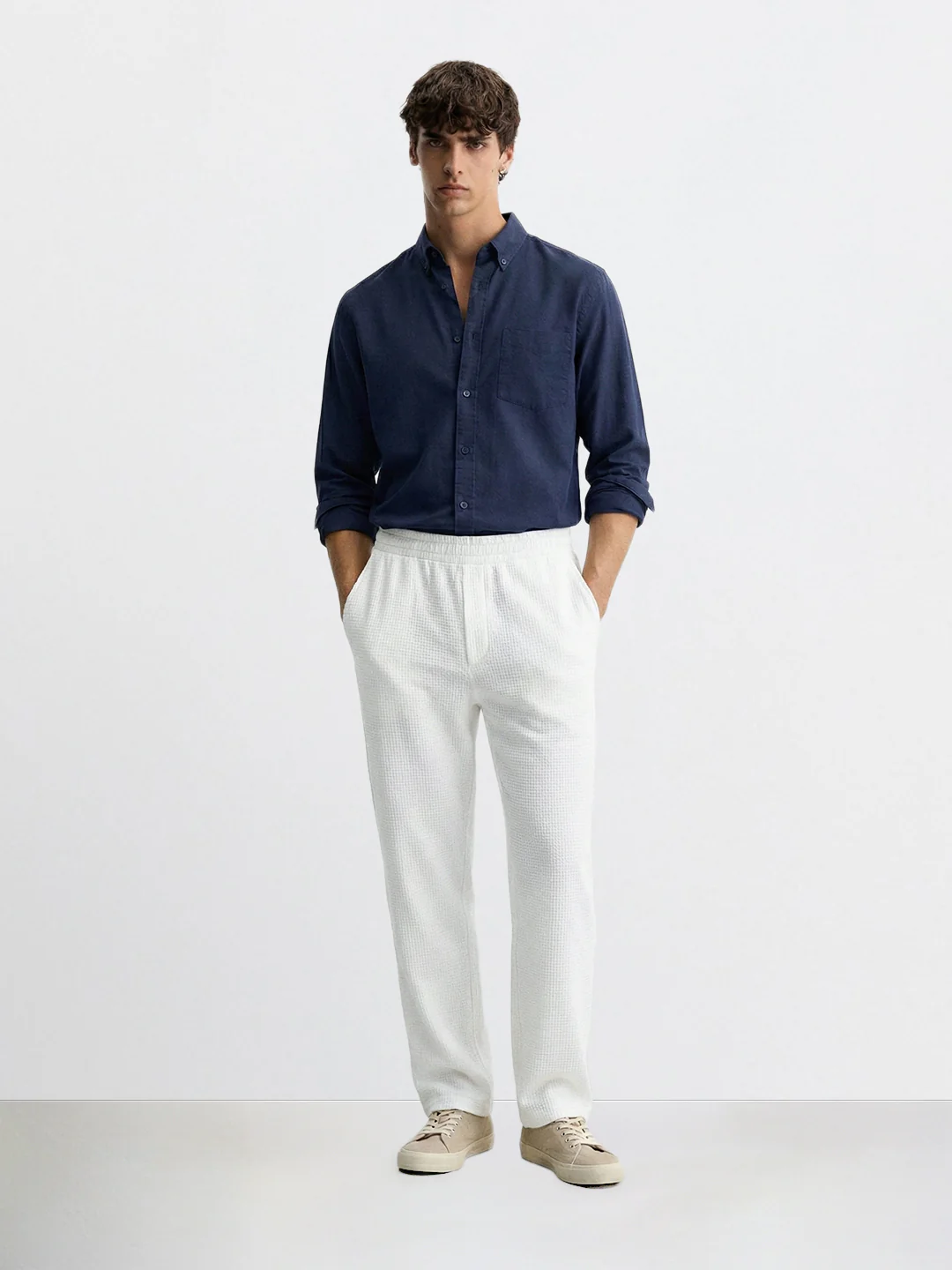 Men's White Relaxed Fit Textured Utility Trousers - Image 3