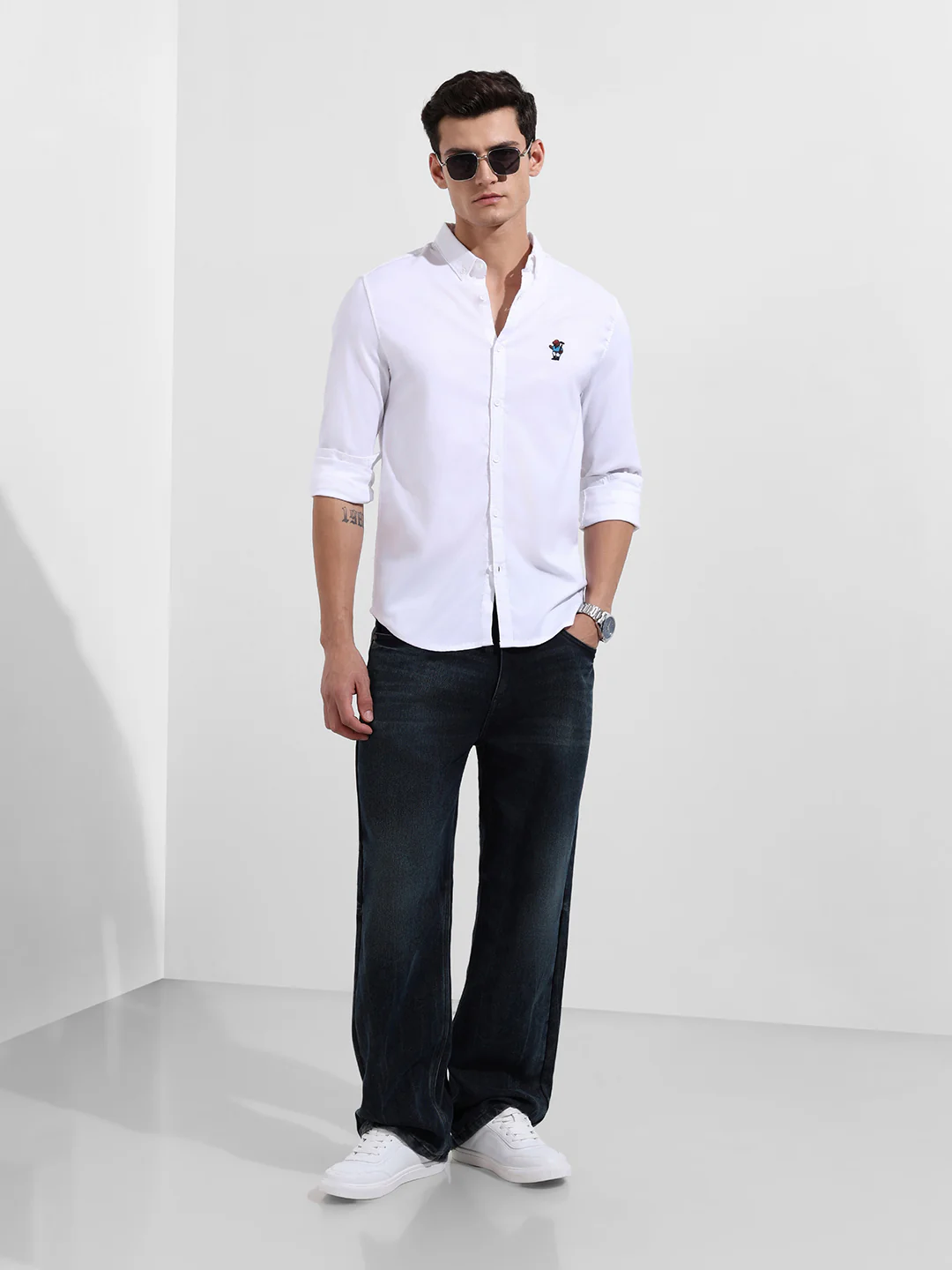 Men's White Slim Fit Embroided Casual  Shirt - Image 2