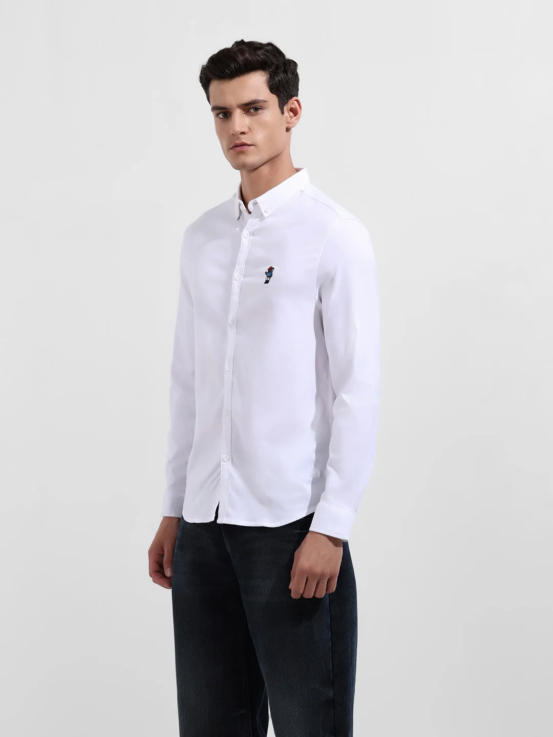 Men's White Slim Fit Embroided Casual  Shirt - Image 3