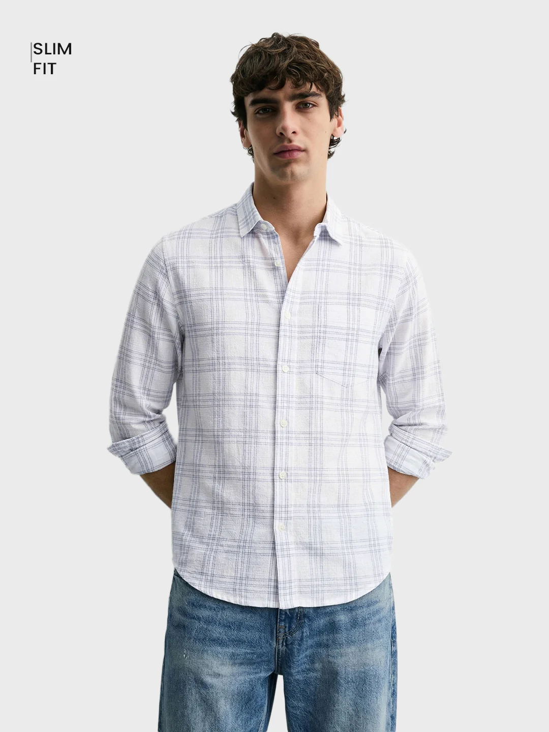 Men's White Slim Fit Checked Casual Shirt - Image 2