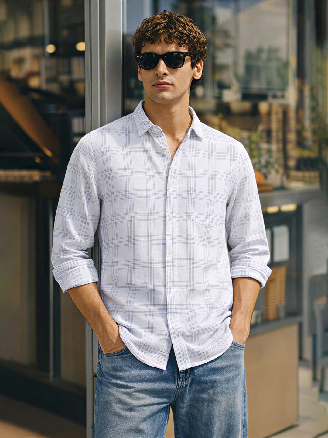 Men's White Slim Fit Checked Casual Shirt - Image 8