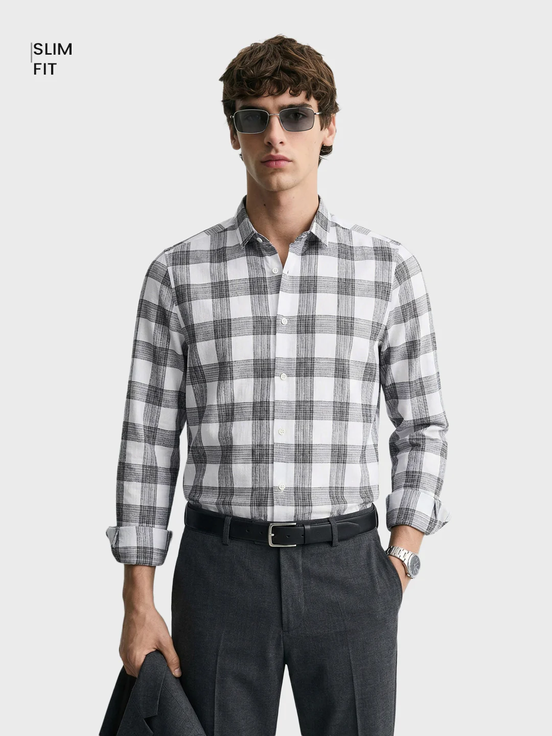 Men's White Slim Fit Checked Casual Shirt - Image 2