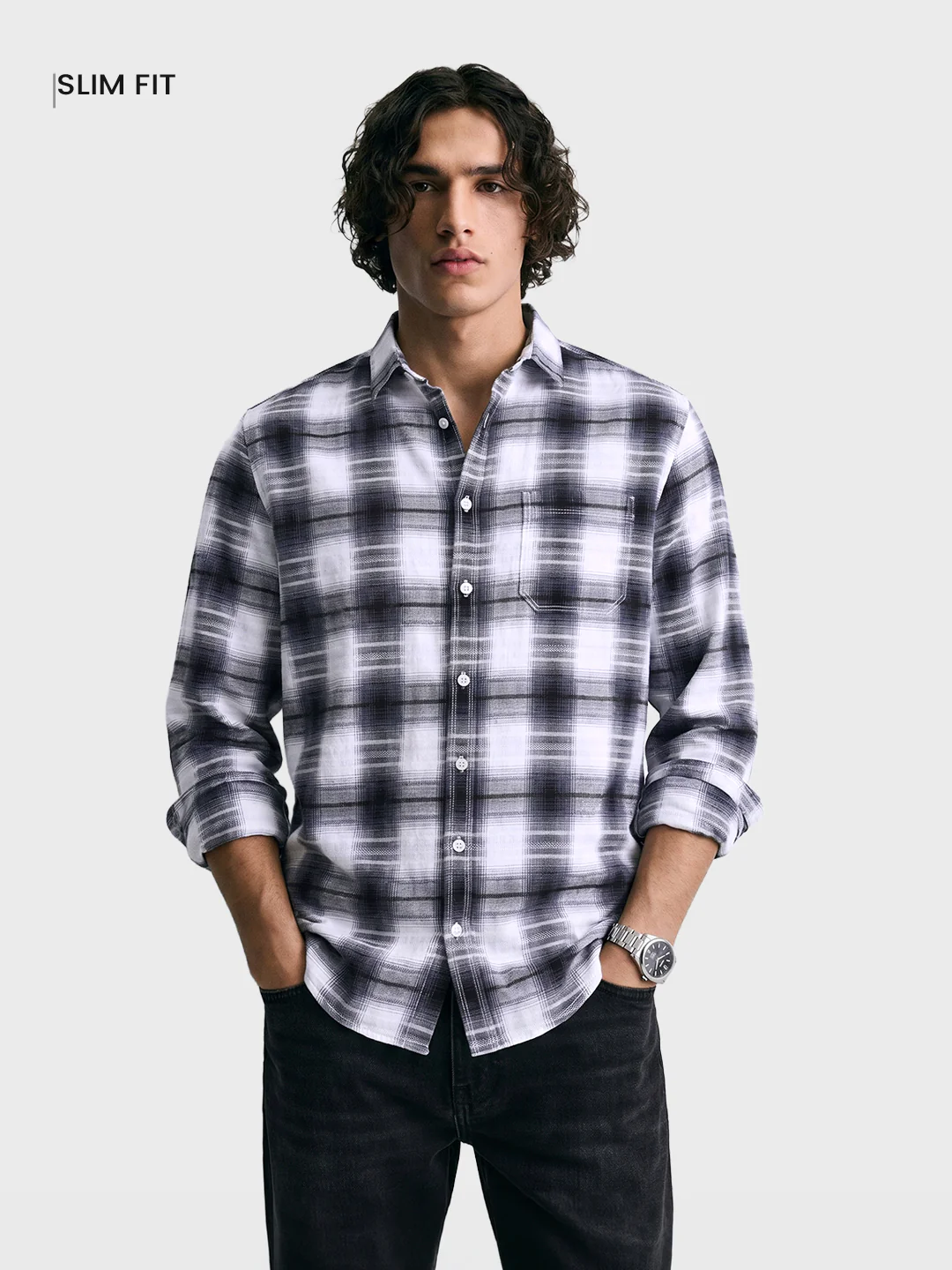 Men's White Slim Fit Checkered Casual Shirt - Image 2
