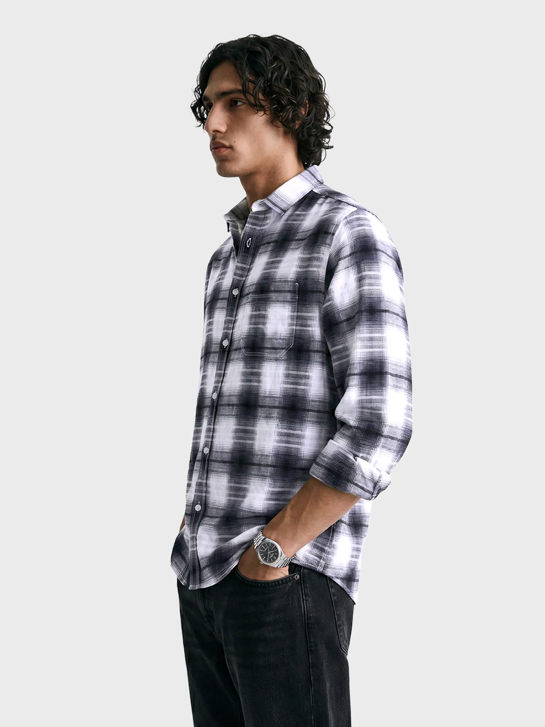 Men's White Slim Fit Checkered Casual Shirt - Image 4