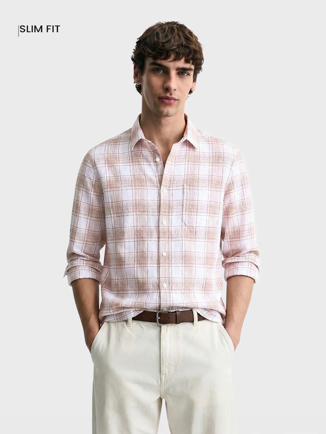 Men's White Slim Fit Checkered Casual Shirt - Image 2