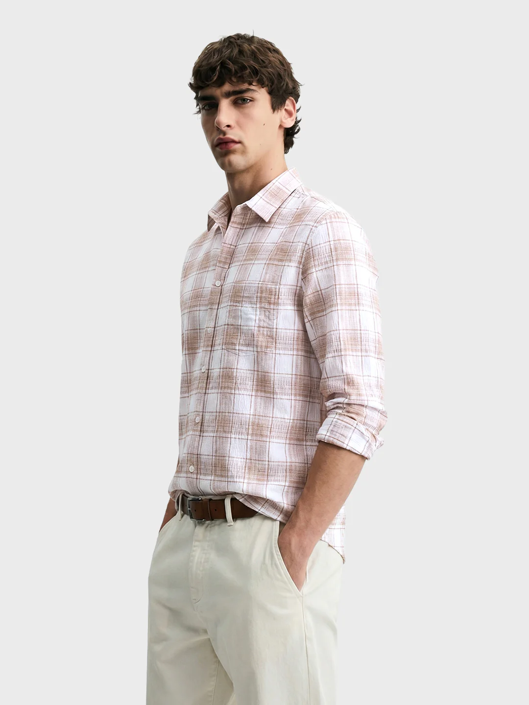 Men's White Slim Fit Checkered Casual Shirt - Image 4