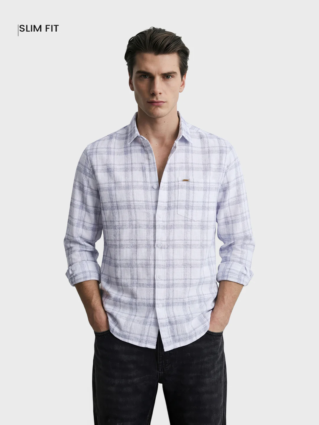 Men's White Slim Fit Checkered Casual Shirt - Image 2