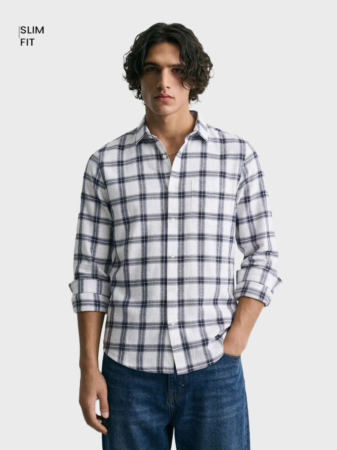 Men's White Slim Fit Checkered Casual Shirts - Image 2