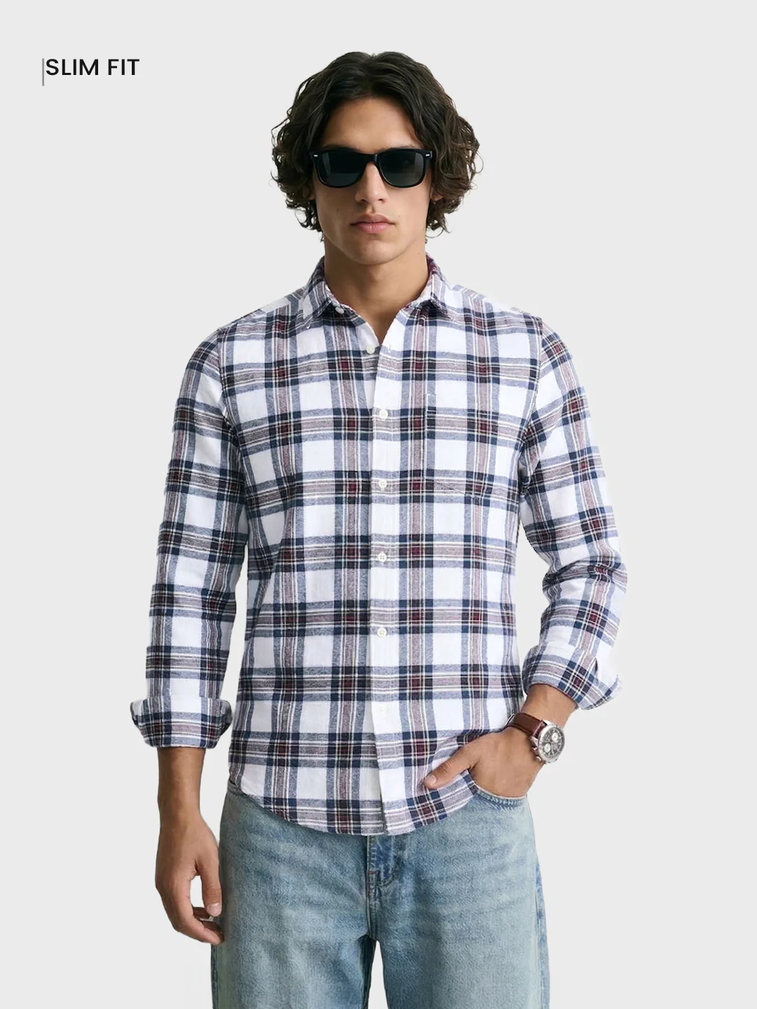 Men's White Slim Fit Checkered Casual Shirts - Image 2