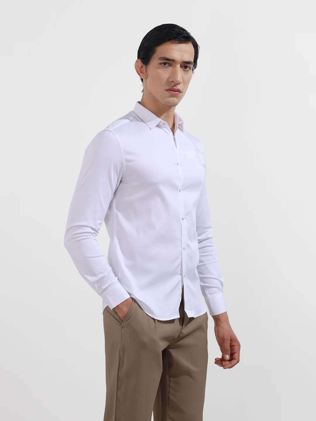 Men's White Slim Fit Embellishment Party Wear Shirt - Image 4