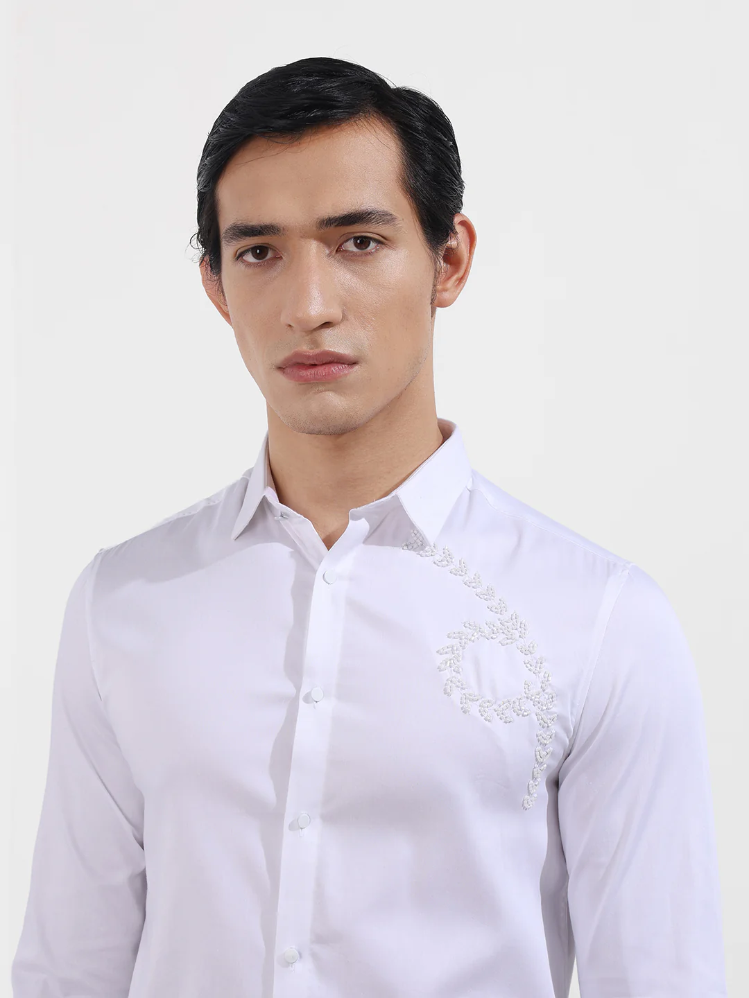 Men's White Slim Fit Embellishment Party Wear Shirt - Image 5