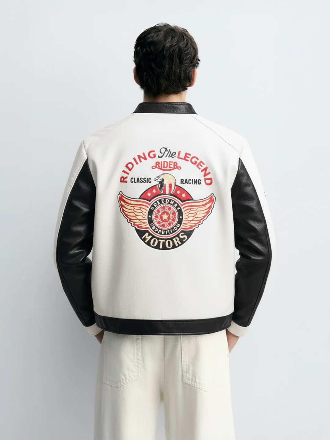 Men's White Slim Fit Embroided Casual Biker Jacket - Image 2