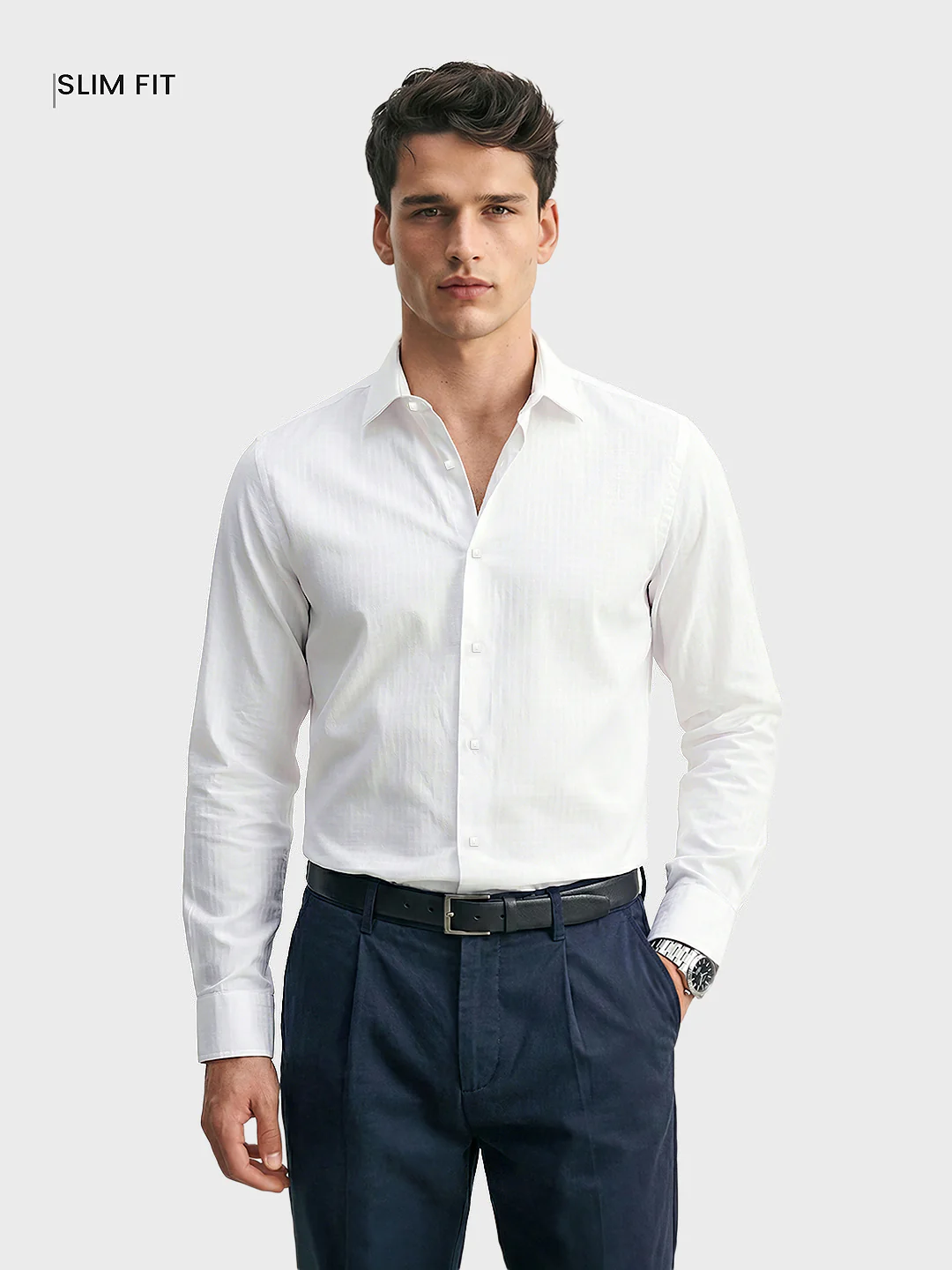 Men's White Slim Fit Solid Casual Shirt - Image 2