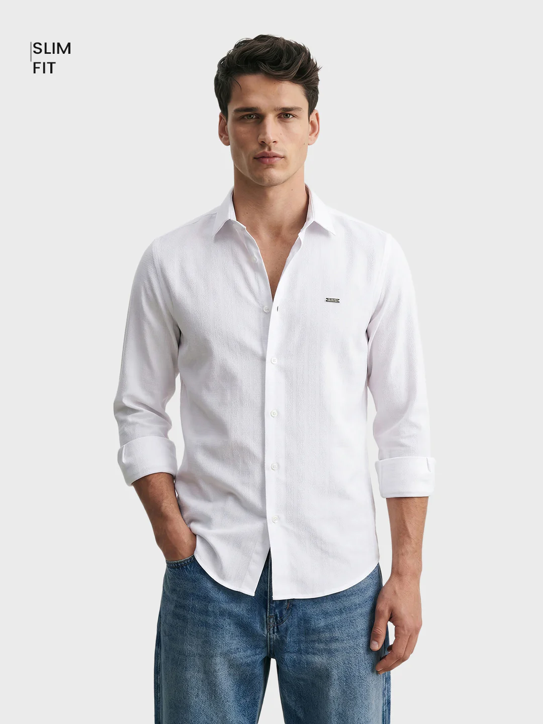 Men's White Slim Fit Solid Casual Shirt - Image 2