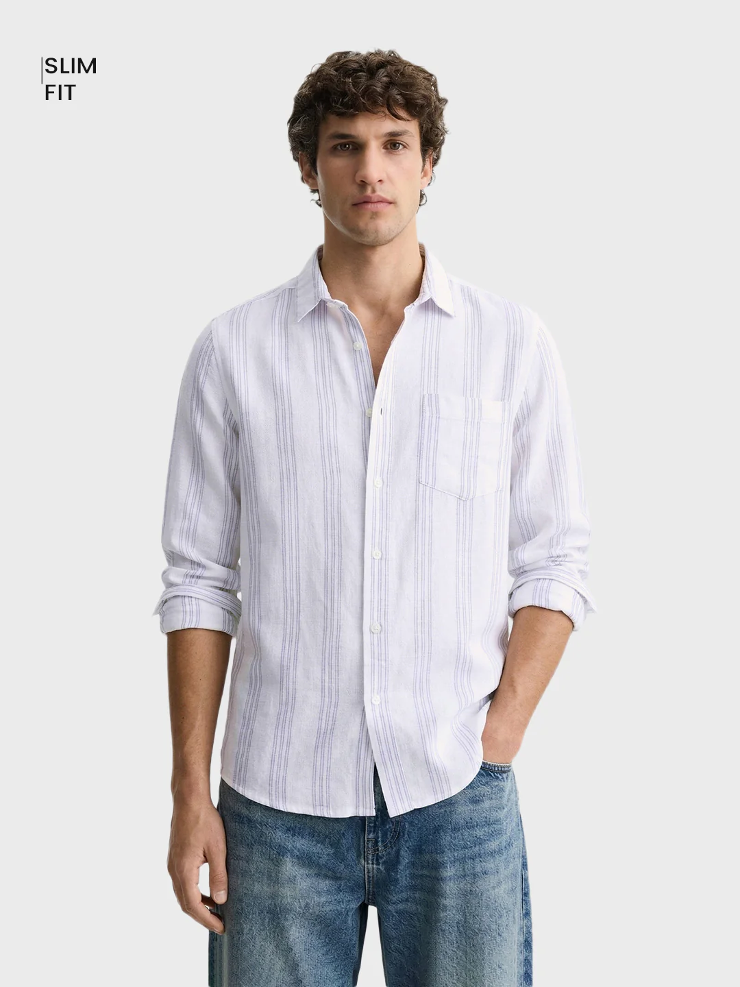 Men's White Slim Fit Striped Casual Shirt - Image 2