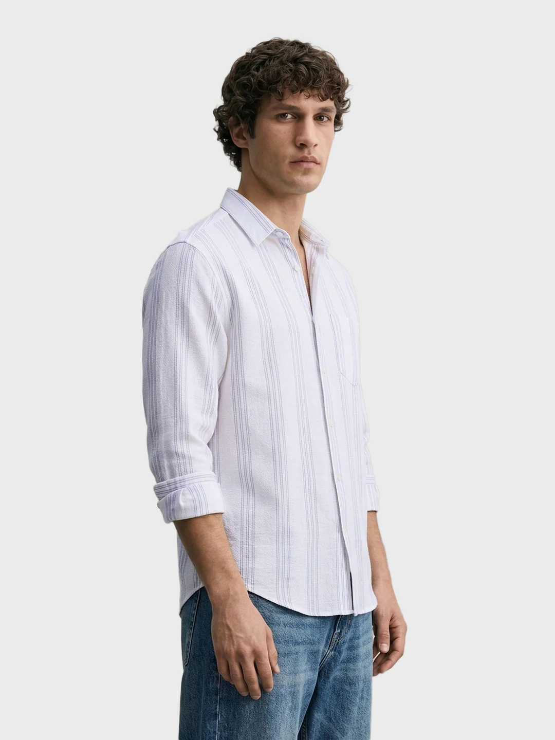 Men's White Slim Fit Striped Casual Shirt - Image 4