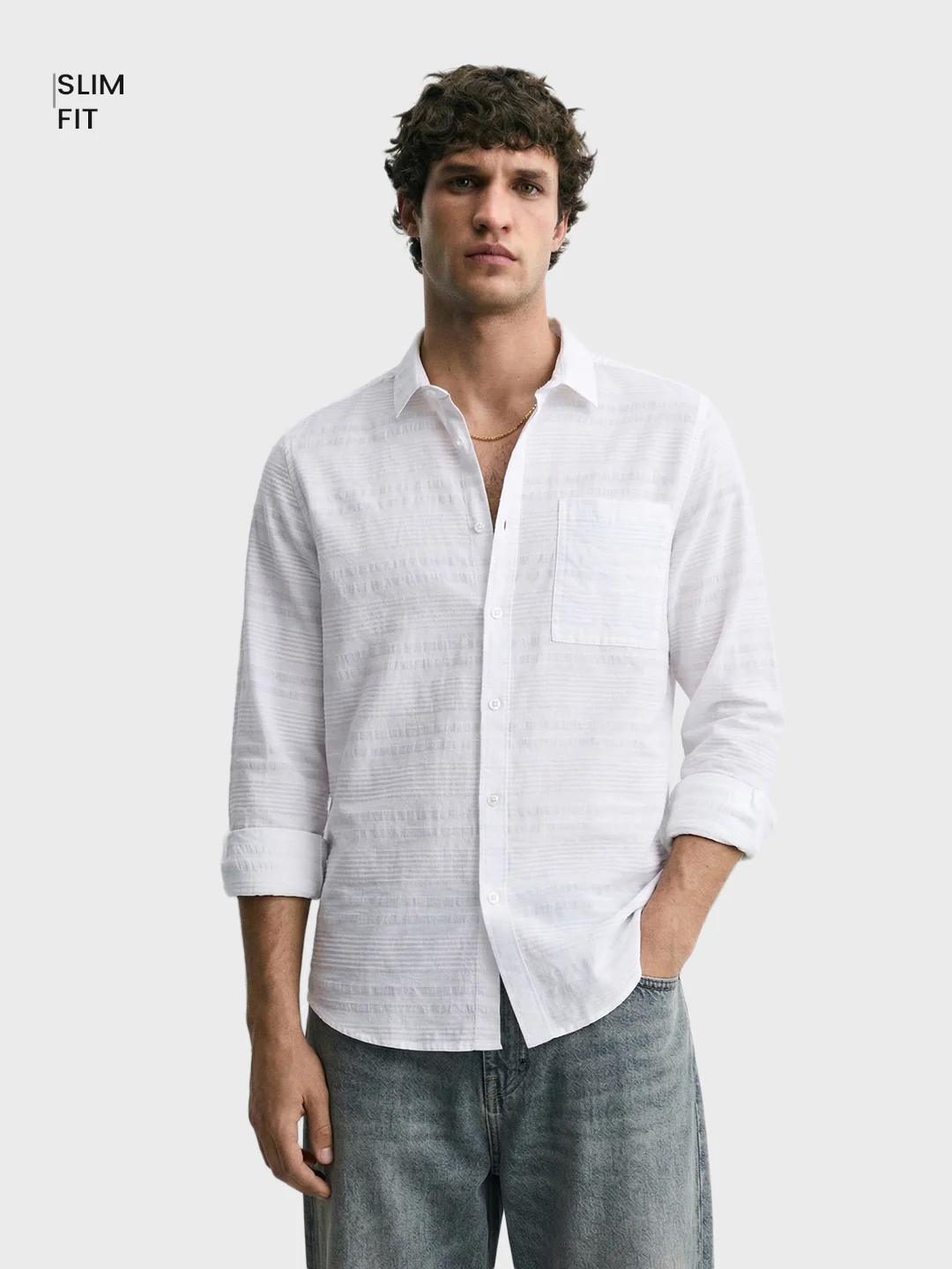 Men's White Slim Fit Striped Casual Shirt - Image 2