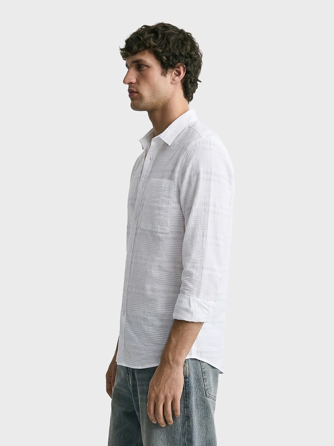 Men's White Slim Fit Striped Casual Shirt - Image 4