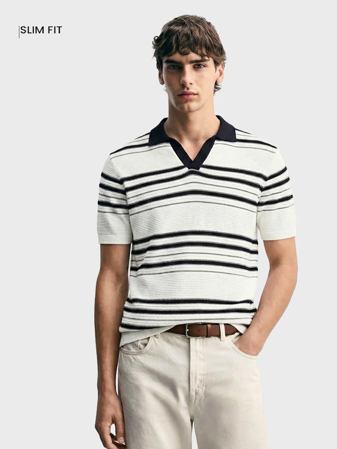 Men's White Slim Fit Striped Flat Knit Johnny Collar T-Shirt - Image 2