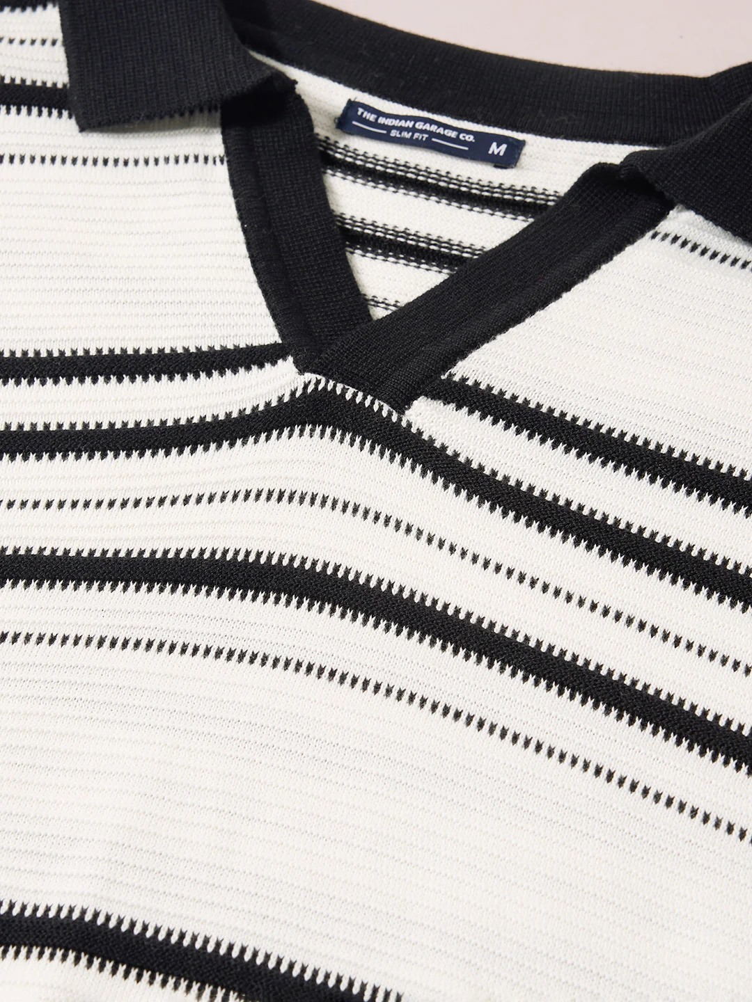Men's White Slim Fit Striped Flat Knit Johnny Collar T-Shirt - Image 3