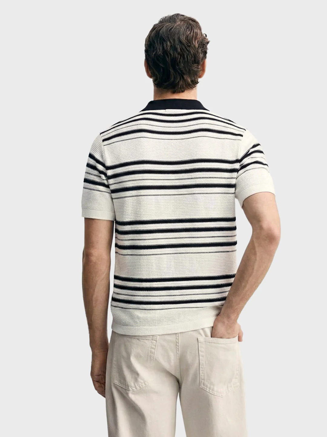 Men's White Slim Fit Striped Flat Knit Johnny Collar T-Shirt - Image 4
