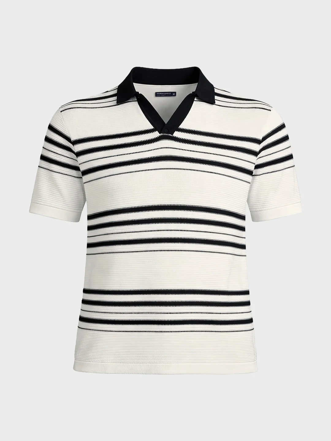 Men's White Slim Fit Striped Flat Knit Johnny Collar T-Shirt - Image 5
