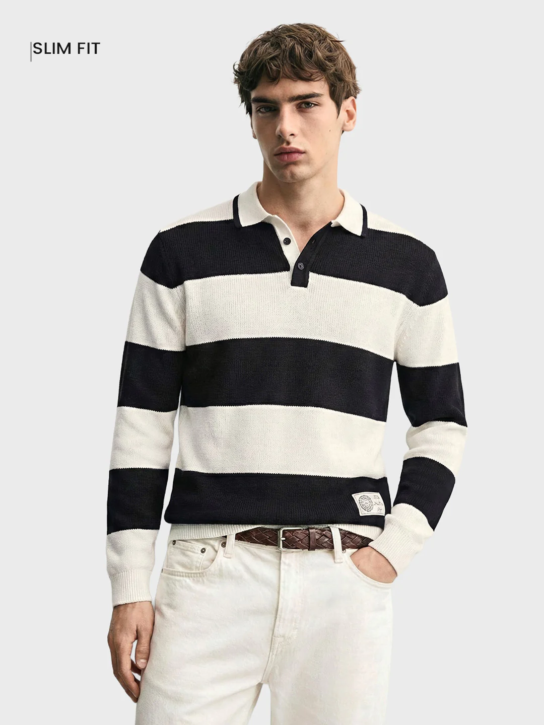 Men's White Slim Fit Striped Flat Knit T-Shirt - Image 2