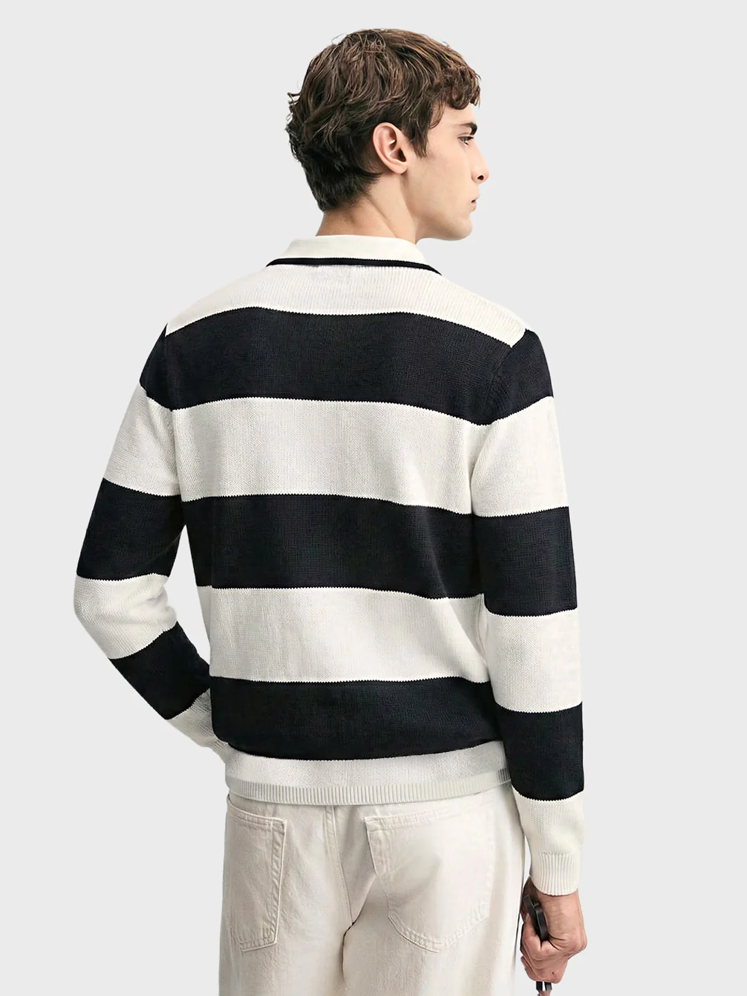 Men's White Slim Fit Striped Flat Knit T-Shirt - Image 4