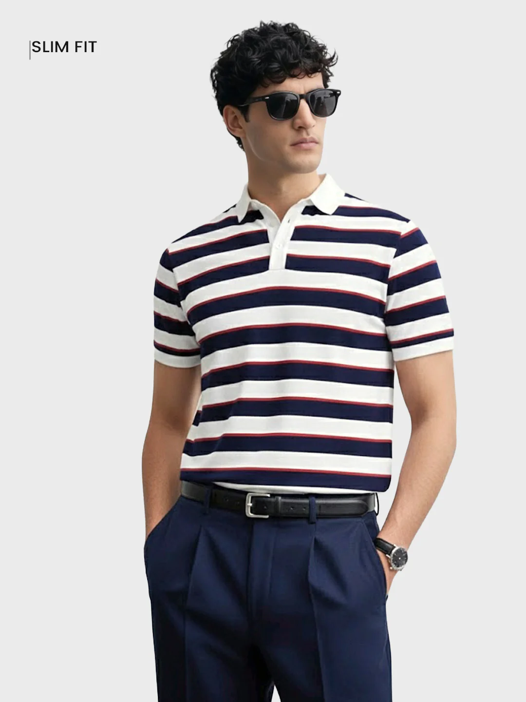 Men's White Slim Fit Striped Flat Knit T-Shirt - Image 2