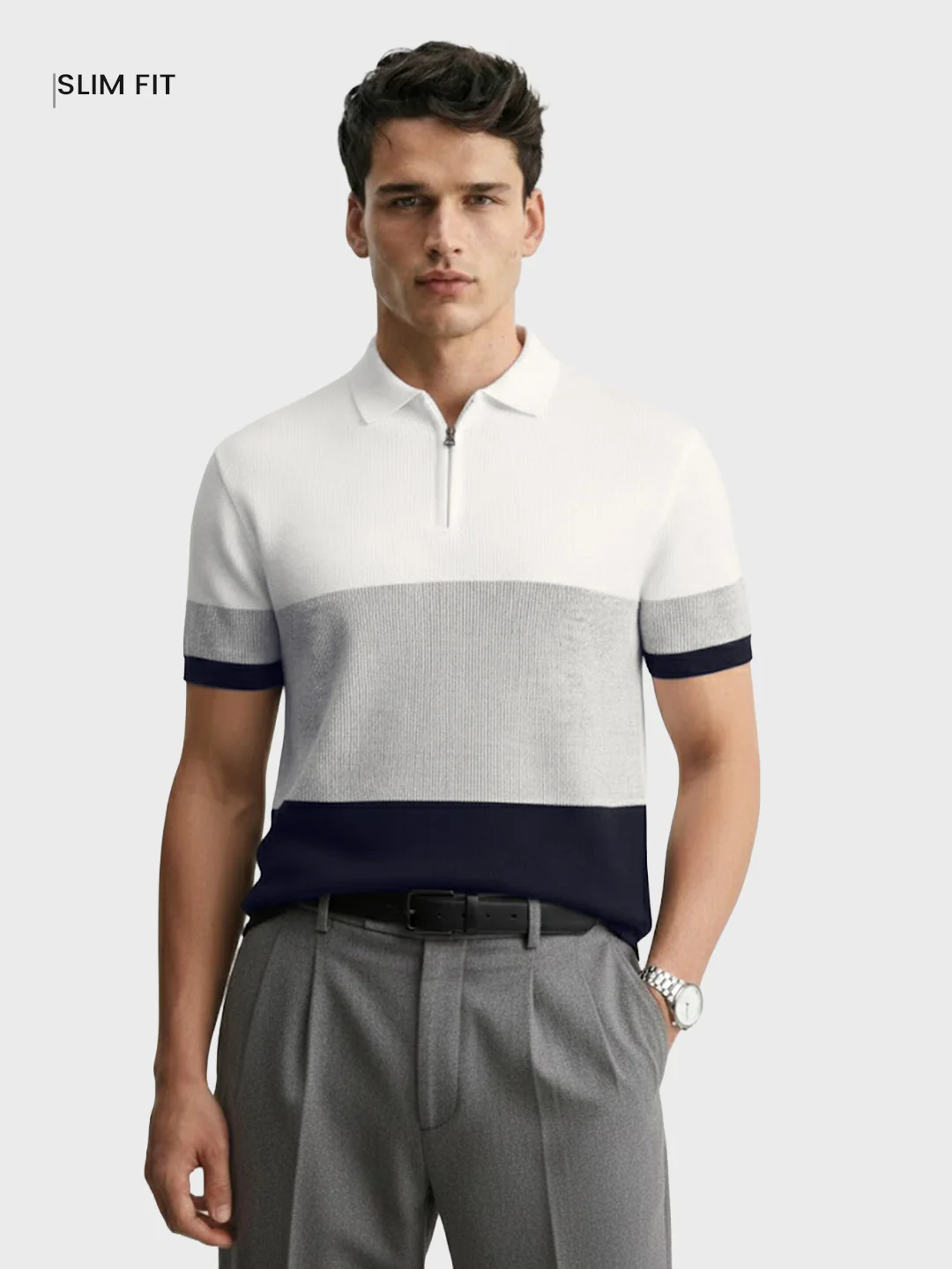Men's White Slim Fit Striped Flat Knit T-Shirt - Image 2