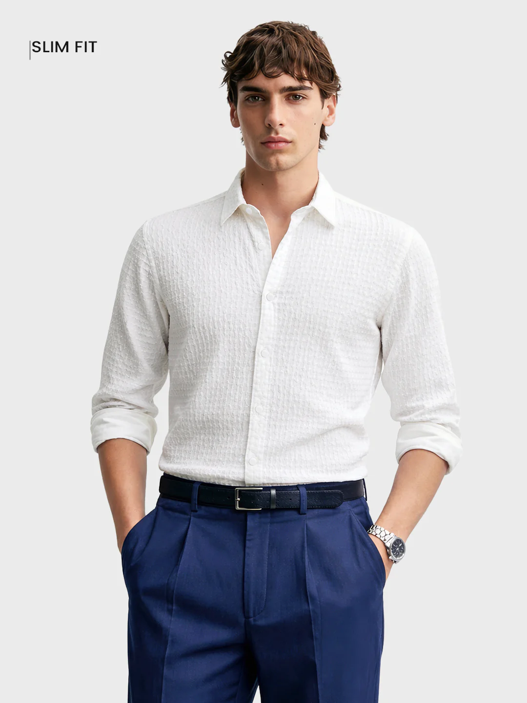 Men's White Slim Fit Textured Party Wear Shirt - Image 2