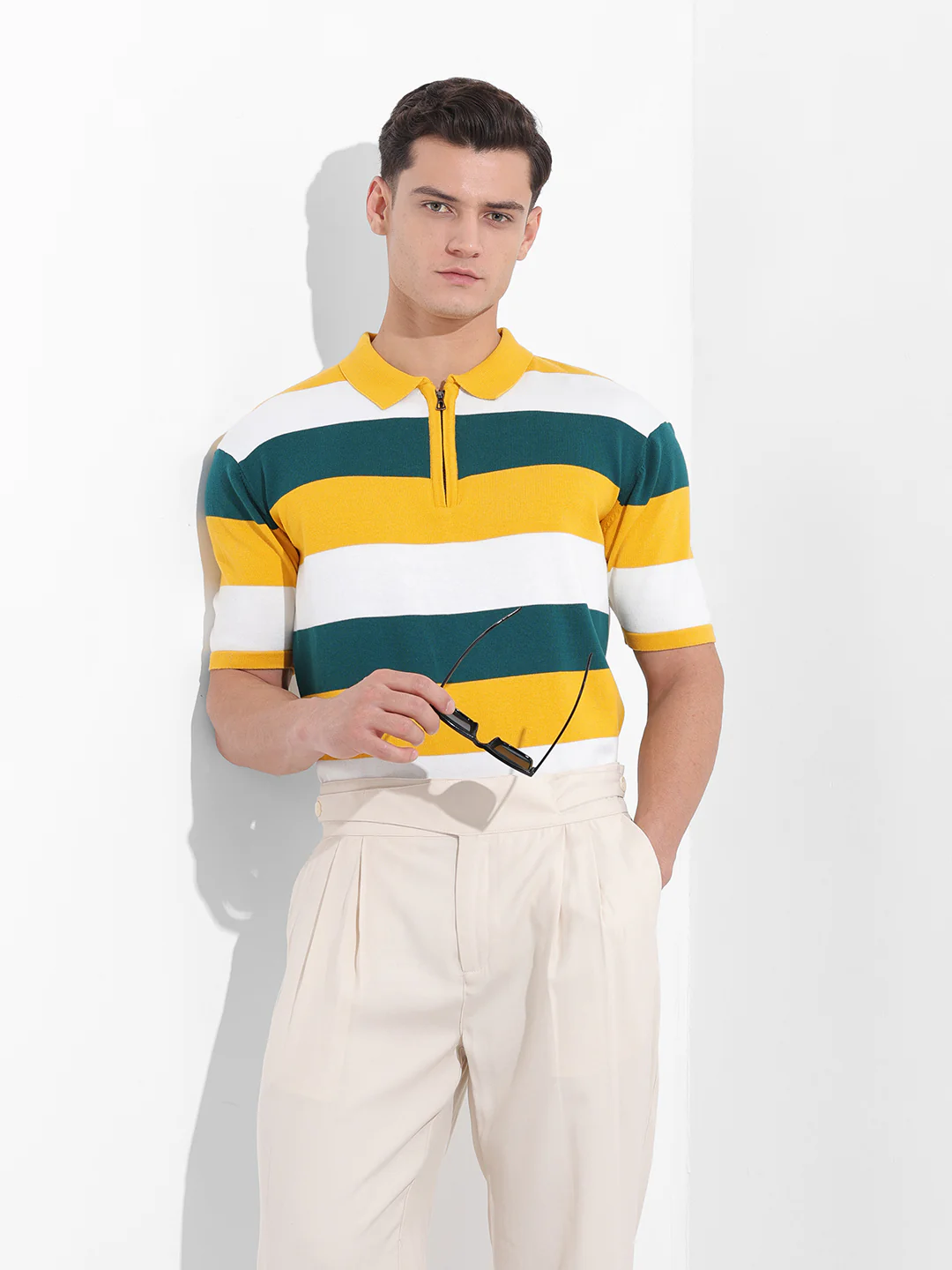 Men's Yellow Oversized Fit Textured Flat Knit T-Shirt - Image 2