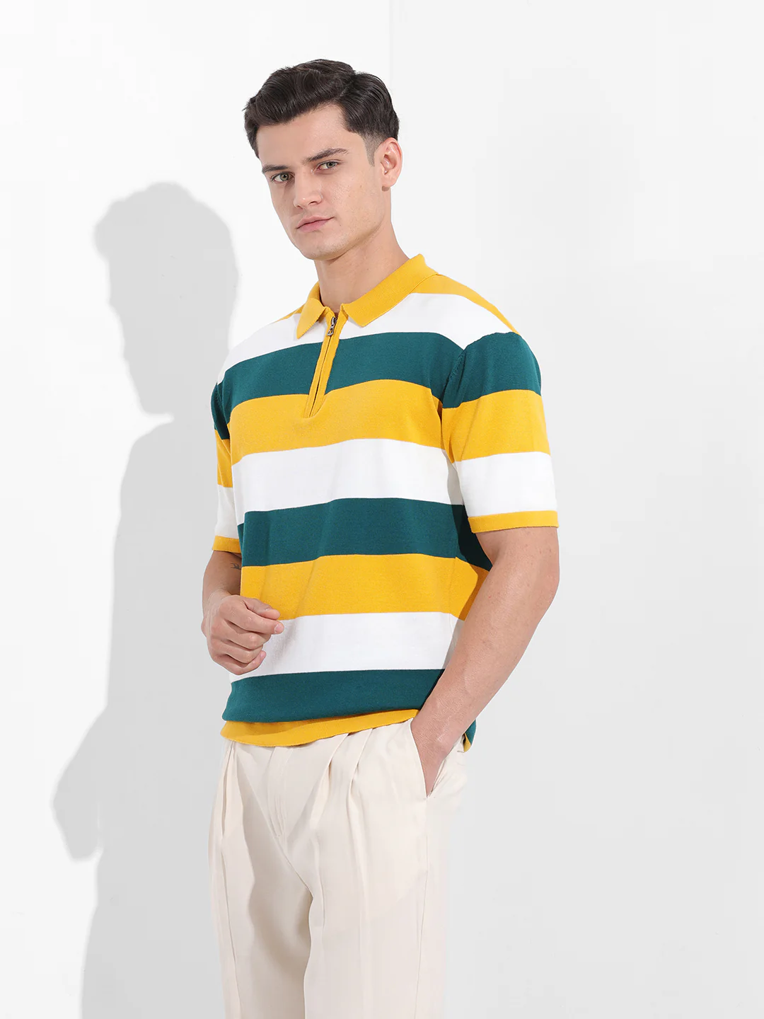 Men's Yellow Oversized Fit Textured Flat Knit T-Shirt - Image 3
