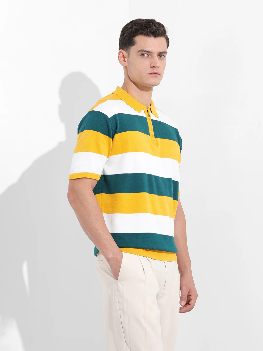 Men's Yellow Oversized Fit Textured Flat Knit T-Shirt - Image 4