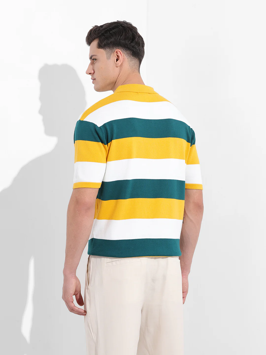 Men's Yellow Oversized Fit Textured Flat Knit T-Shirt - Image 5