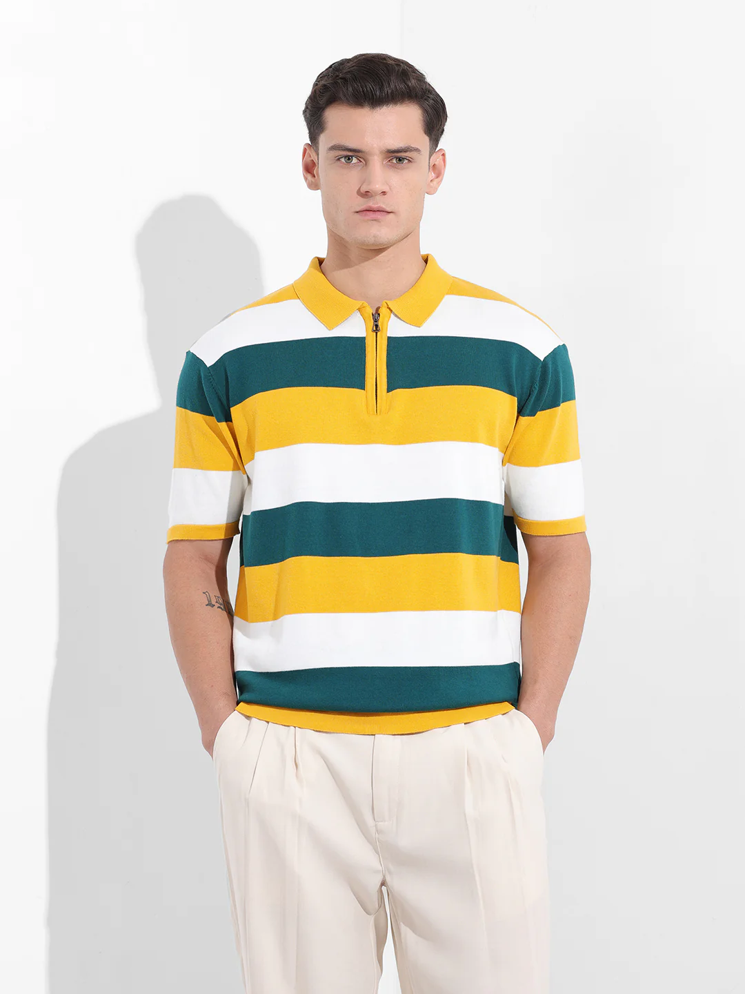Men's Yellow Oversized Fit Textured Flat Knit T-Shirt - Image 8