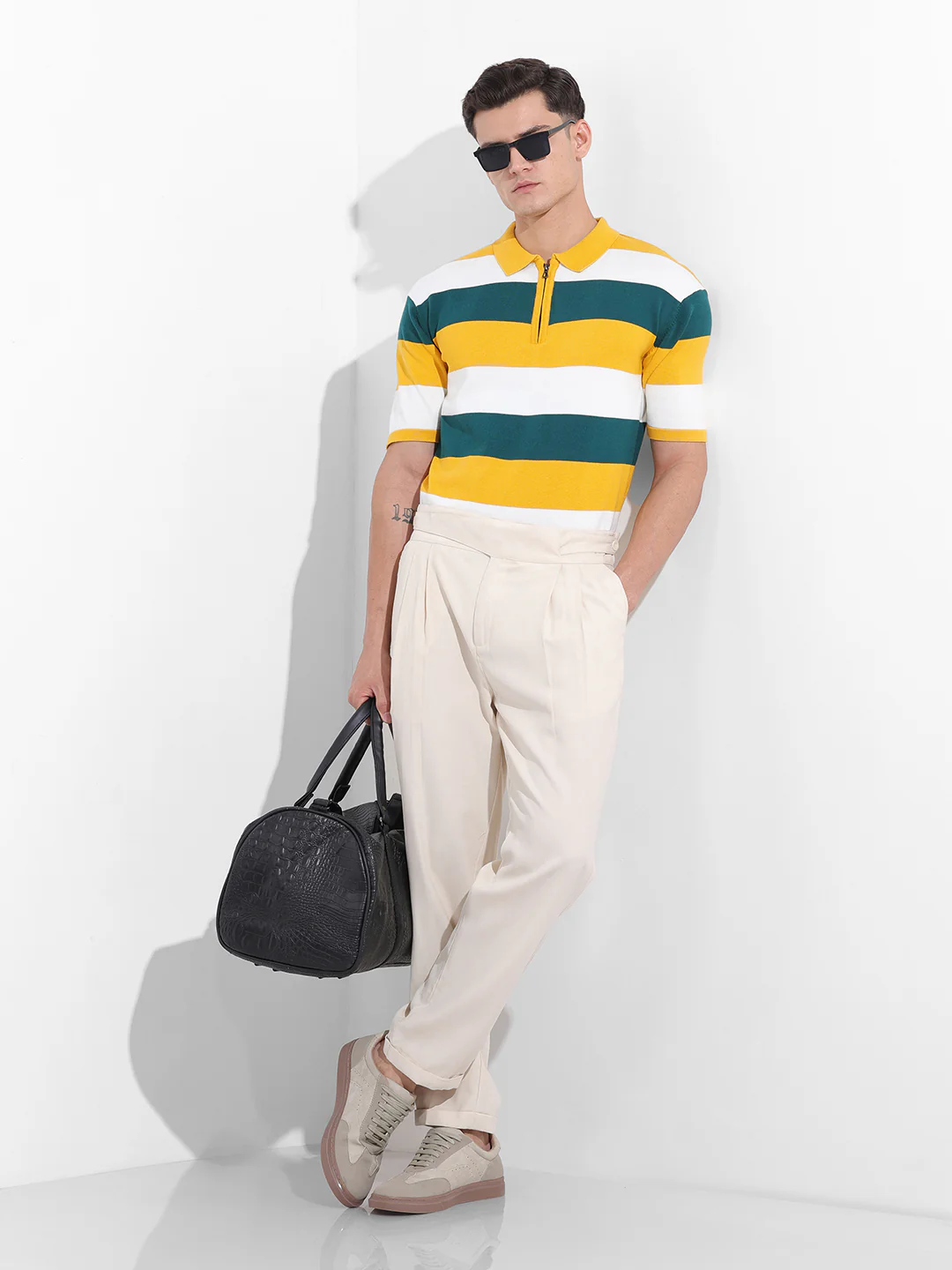 Men's Yellow Oversized Fit Textured Flat Knit T-Shirt - Image 9