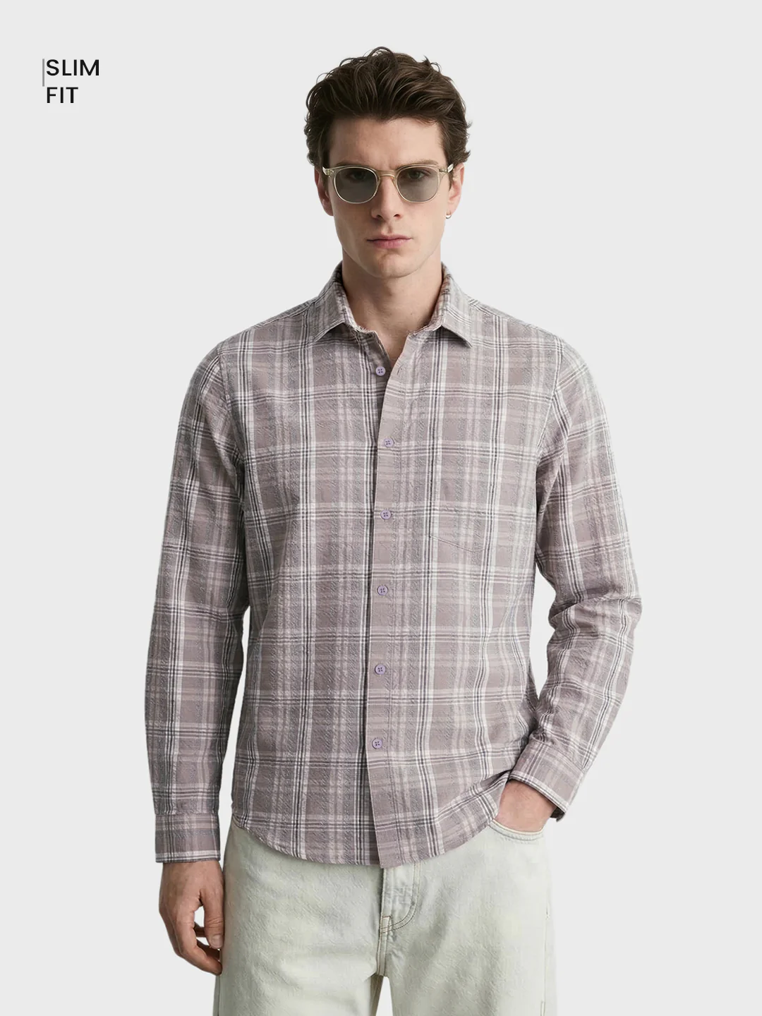 Men's Grey Slim Fit Checkered Casual Shirt - Image 2