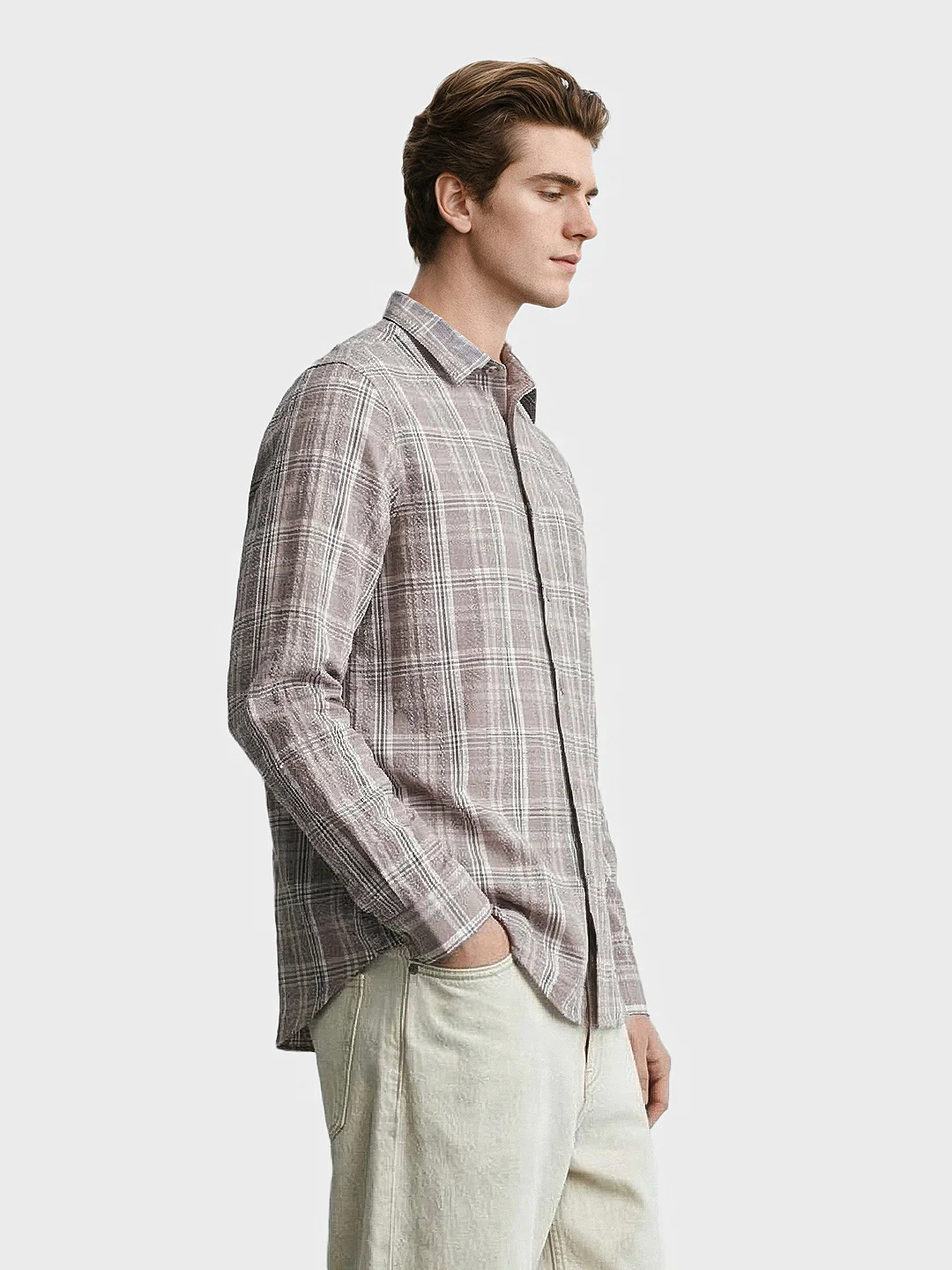 Men's Grey Slim Fit Checkered Casual Shirt - Image 4