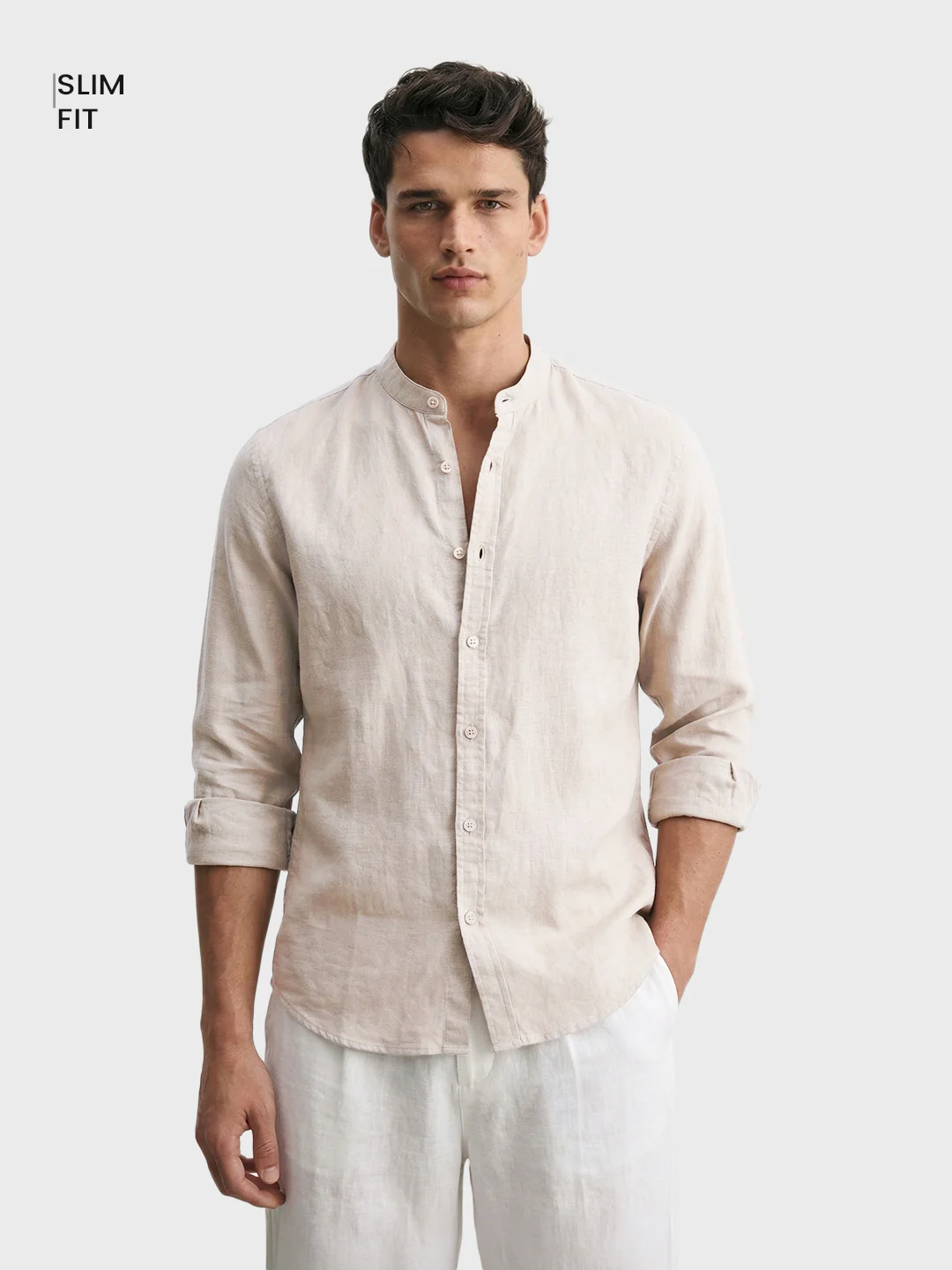 Men's Beige Slim Fit Solid Casual Shirts - Image 2