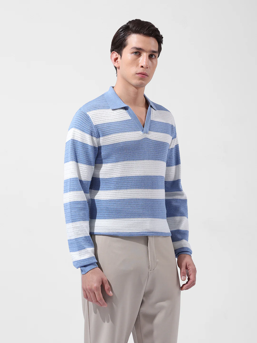 Men's Blue Slim Fit Striped Flat Knit Polo Neck T-Shirt - Image 2