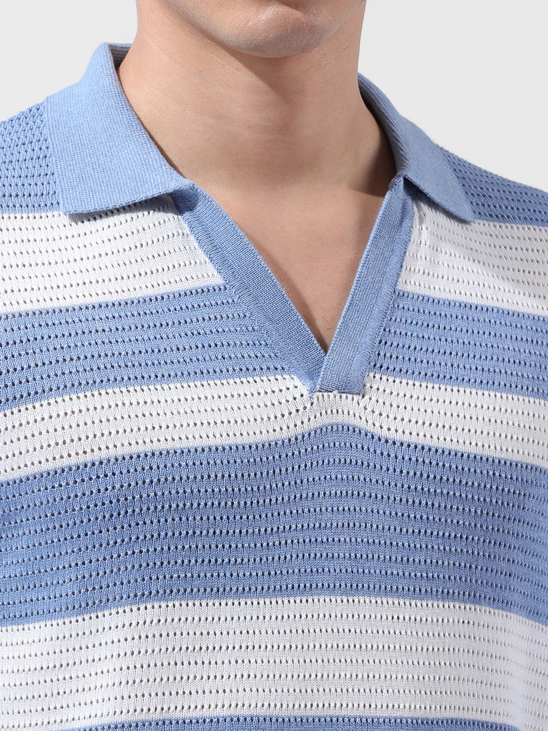 Men's Blue Slim Fit Striped Flat Knit Polo Neck T-Shirt - Image 3