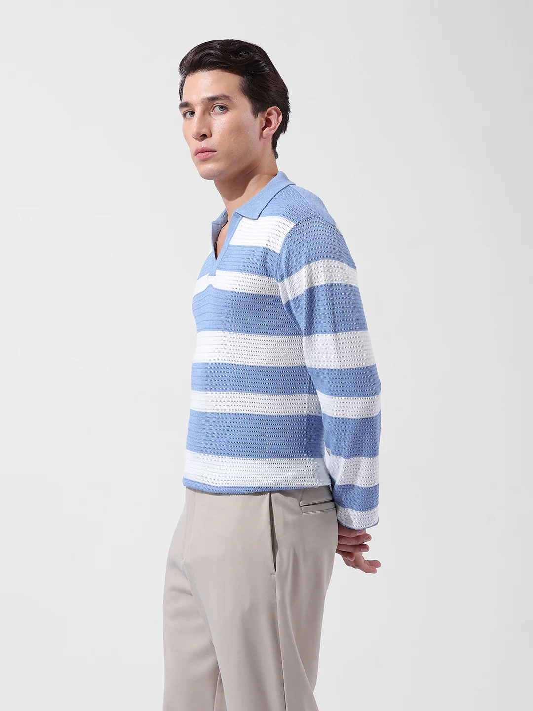 Men's Blue Slim Fit Striped Flat Knit Polo Neck T-Shirt - Image 4