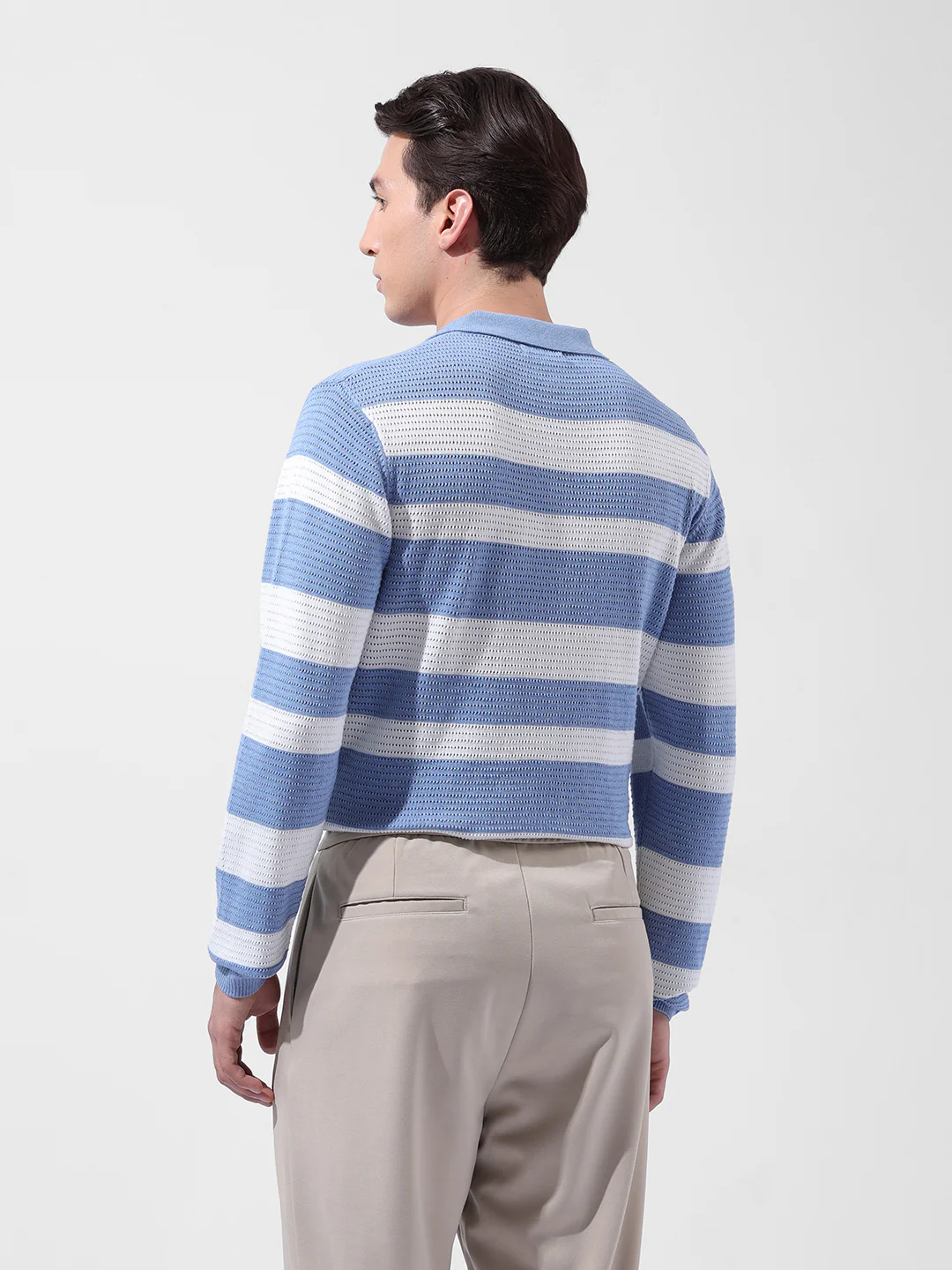 Men's Blue Slim Fit Striped Flat Knit Polo Neck T-Shirt - Image 5